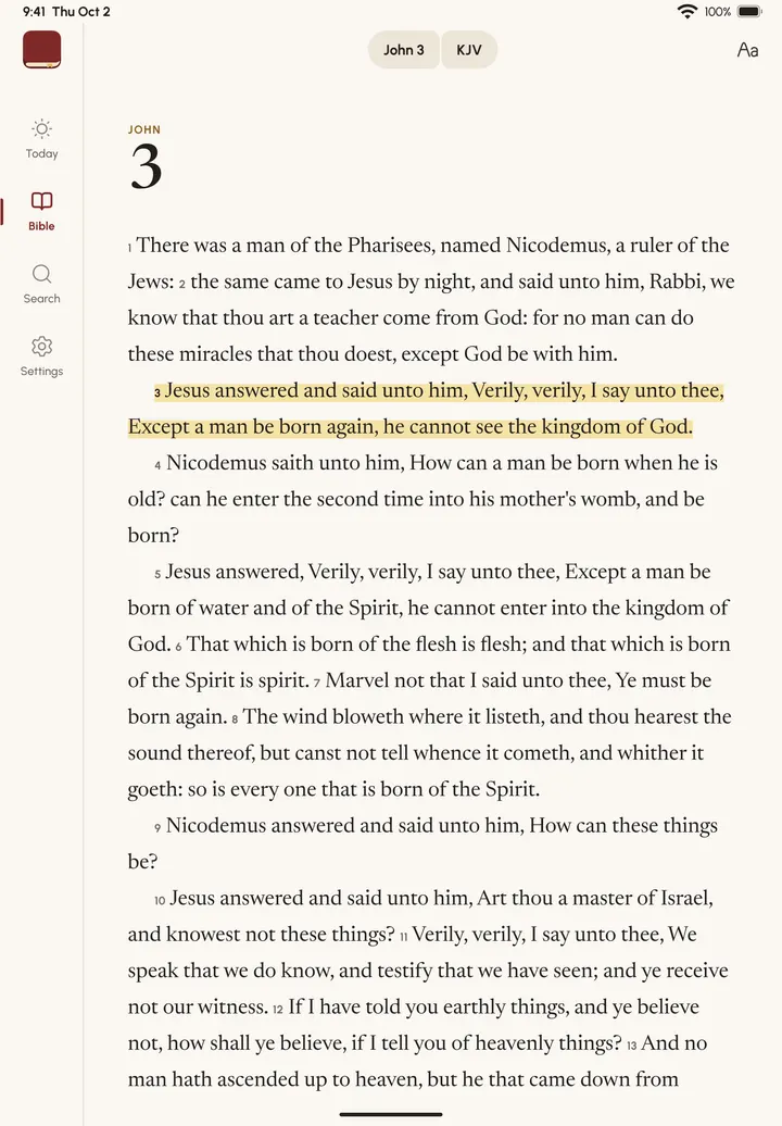 Holy Bible app on iPad in portrait, with a chapter open in the reader