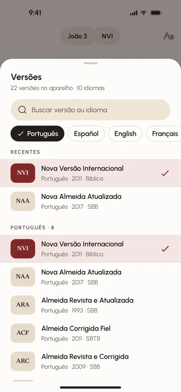 Painel Versões do app, com as versões no aparelho separadas por idioma