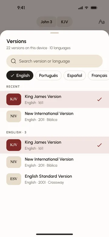 The app’s Versions sheet, with the versions on the device grouped by language