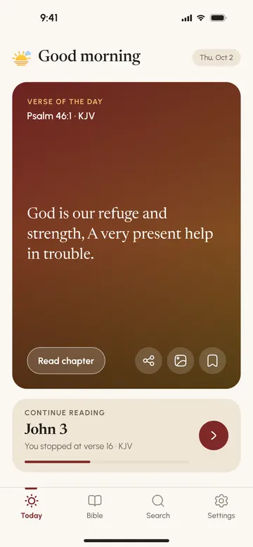 The app’s Today screen, with the verse of the day and a shortcut to resume reading
