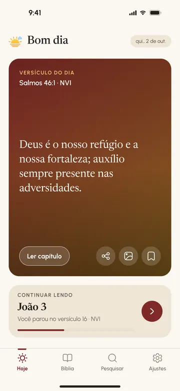 Tela Hoje do app, com o versículo do dia e o atalho para continuar a leitura