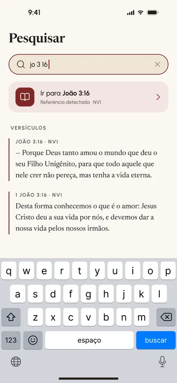 Tela de busca reconhecendo a referência “jo 3 16” e mostrando o versículo