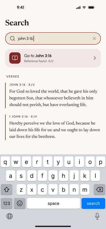 Search screen recognizing the reference “john 3 16” and showing the verse