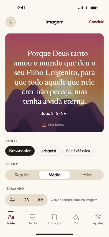 Editor de imagem com um versículo sobre uma foto e as ferramentas de fonte, texto, formato e cor