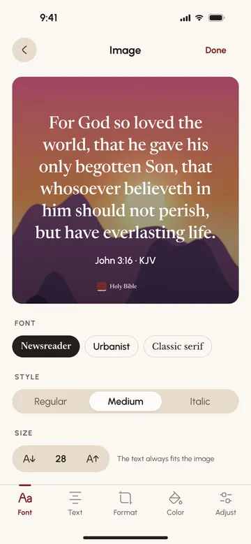 Image editor with a verse over a photo and the font, text, format and color tools