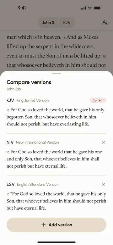 Compare versions sheet with the same verse in several translations